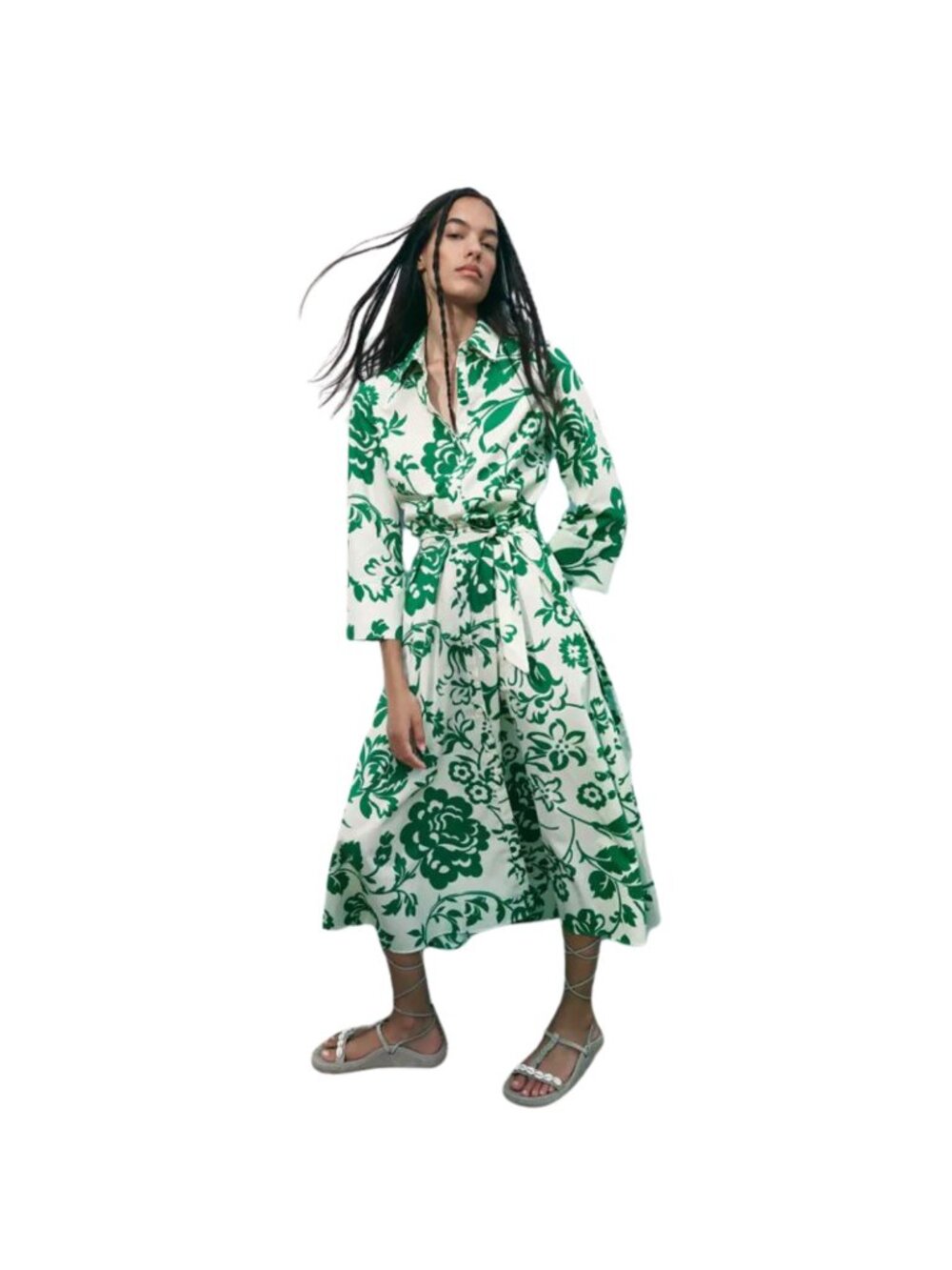 Zara Floral Green White Cotton Midi Shirt Dress Collared Button Front Size M